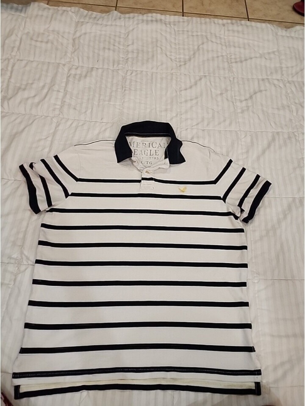 American Eagle White&Blue Striped Short Sleeve Polo Shirt Men's XL Athletic Fit